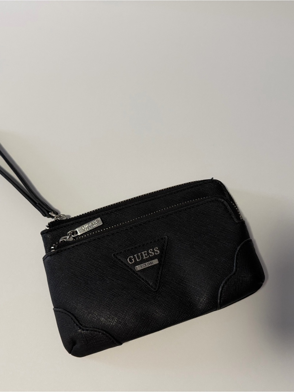Guess Black Textured Wristlet with Logo Triangle